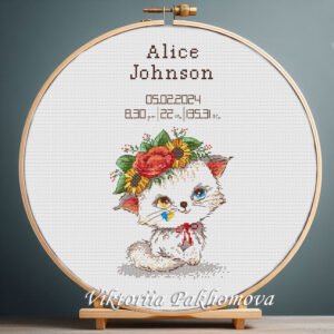 Cross stitch embroidery of a Baby Kitty design for a newborn girl with space for name, date and stats in a wooden hoop
