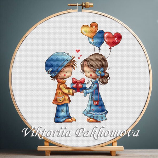 Romantic couple cross stitch pattern in wooden hoop – male and female love embroidery design