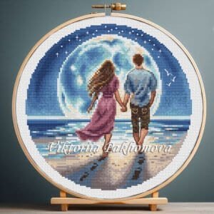Romantic couple cross stitch pattern in wooden hoop – moonlight love embroidery design