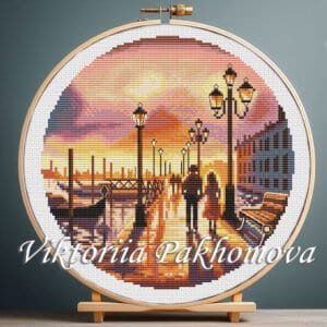 Romantic couple cross stitch pattern in wooden hoop – evening walk love embroidery design