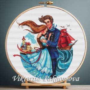 Romantic nautical couple cross stitch pattern in wooden hoop – colorful sea embroidery design