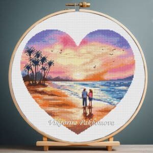 Romantic walk cross stitch pattern in wooden hoop – sunset love embroidery design
