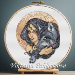 Indian woman and wolf cross stitch pattern in wooden hoop – tribal wildlife embroidery design