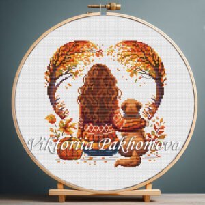 Autumn Dog & Girl Cross Stitch Pattern PDF