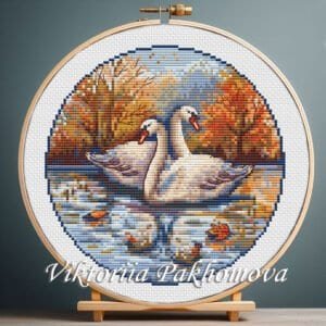 Autumn Swans cross stitch pattern in embroidery hoop – romantic swan couple on autumn lake