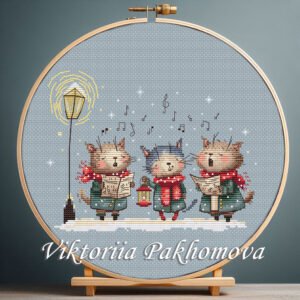 Christmas carol cats cross stitch in hoop – three singing cats winter embroidery