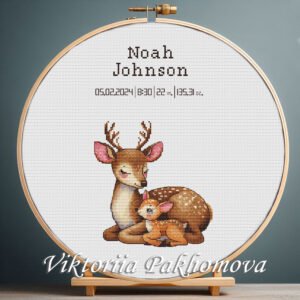 Baby deer birth announcement cross stitch pattern – mother and baby deer nursery embroidery