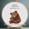 Cross stitch embroidery of a Mother Bear birth announcement with space for name, date and stats in a woodland scene