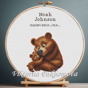 131 Cross stitch embroidery of a Mother Bear birth announcement with space for name, date and stats in a woodland scene
