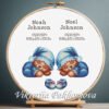 131 Cross stitch embroidery of a twins birth announcement with two teddy bears and space for names, dates and stats in a wooden hoop