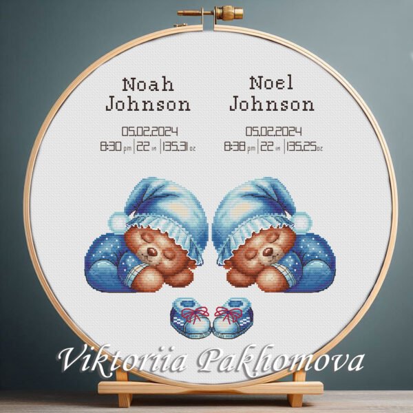131 Cross stitch embroidery of a twins birth announcement with two teddy bears and space for names, dates and stats in a wooden hoop