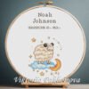 Cross stitch embroidery of a Baby Aries zodiac birth announcement with space for name, date and stats in a wooden hoop