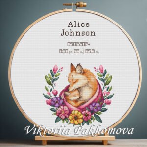 Baby fox birth announcement cross stitch pattern – floral woodland mother and baby embroidery