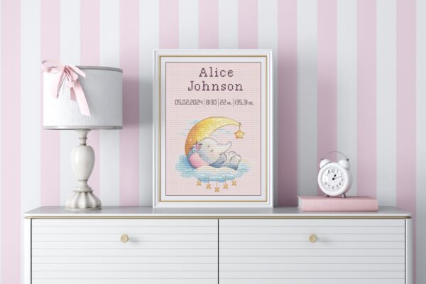 158 Framed baby elephant birth announcement cross stitch featuring personalized name, date and stats for nursery décor