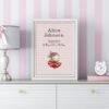Framed dancing bunny birth stats cross stitch featuring personalized newborn details for nursery décor.