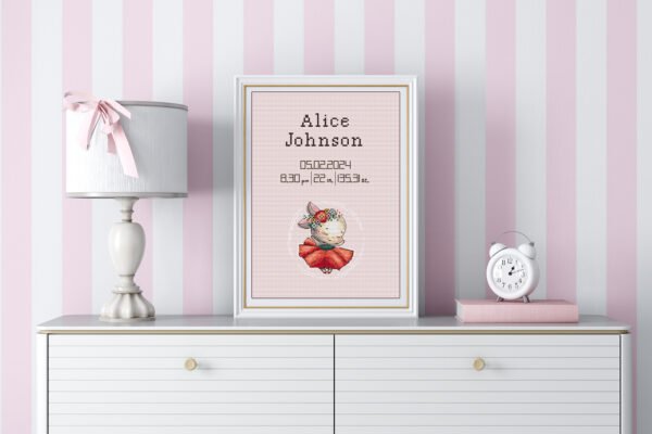 Framed dancing bunny birth stats cross stitch featuring personalized newborn details for nursery décor.