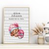 Framed Sleeping Bear cross stitch birth announcement with pastel colors and personalized baby details