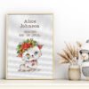 Framed Baby Kitty cross stitch birth announcement with pastel colors and space for personalized baby details