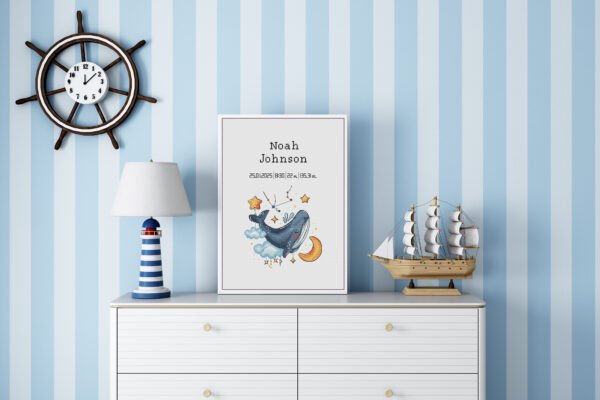 160 Framed Baby Aquarius cross stitch birth announcement with pastel colors and personalized baby details.