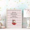 Framed dancing bunny birth stats cross stitch featuring personalized newborn details for nursery décor.