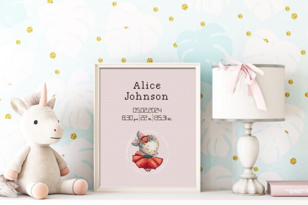 Framed dancing bunny birth stats cross stitch featuring personalized newborn details for nursery décor.