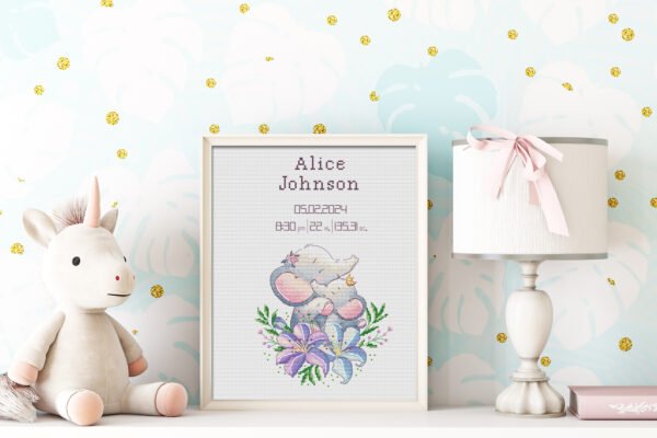 161 Framed personalized elephant birth announcement cross stitch featuring a cute elephant design and customizable newborn details for nursery décor