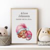 Framed Sleeping Bear cross stitch birth announcement with pastel colors and personalized baby details