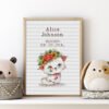 Framed Baby Kitty cross stitch birth announcement with pastel colors and space for personalized baby details
