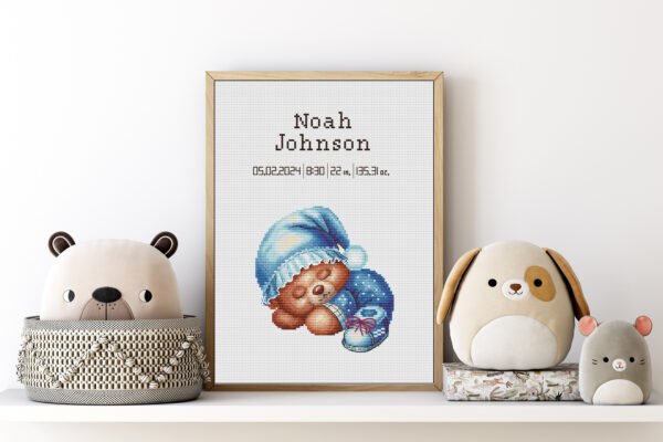 Framed Teddy Bear cross stitch birth announcement with pastel colors and personalized baby details