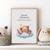 162 Framed Sleeping Teddy Bear cross stitch birth announcement with pastel colors and personalized baby details