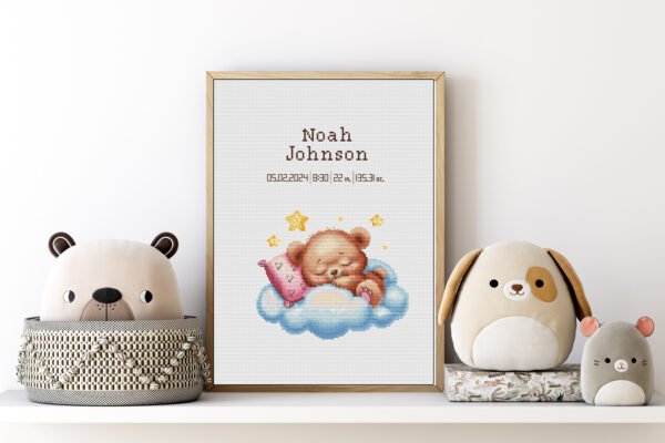 162 Framed Sleeping Teddy Bear cross stitch birth announcement with pastel colors and personalized baby details