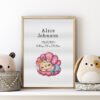Framed Mermaid Cat cross stitch birth announcement with ocean colors and personalized baby details