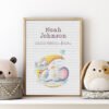 Framed bunny and elephant birth record cross stitch featuring personalized baby name, date and stats for nursery décor.