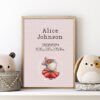 Framed dancing bunny birth stats cross stitch featuring personalized newborn details for nursery décor.
