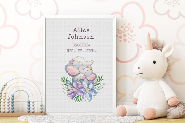 163 Framed personalized elephant birth announcement cross stitch featuring a cute elephant design and customizable newborn details for nursery décor
