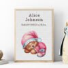 Framed Sleeping Bear cross stitch birth announcement with pastel colors and personalized baby details