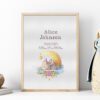 Framed sleeping bunny birth announcement cross stitch featuring personalized name, date and stats for baby girl nursery décor.