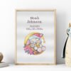Framed sleeping bunny birth announcement cross stitch featuring personalized name, date and stats for nursery décor.