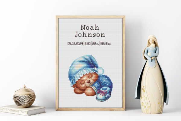 Teddy Bear Birth Announcement Cross Stitch Pattern  Newborn Baby Boy Metric Embroidery PDF Download