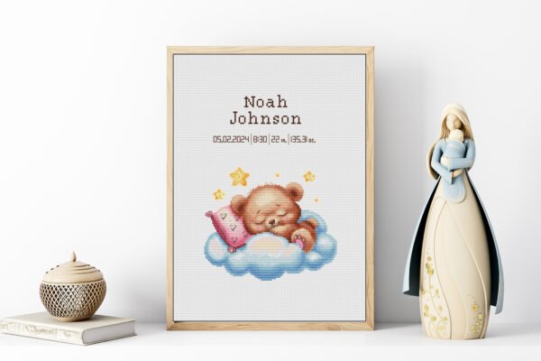 164 Framed Sleeping Teddy Bear cross stitch birth announcement with pastel colors and personalized baby details