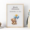 Framed Teddy Bear cross stitch birth announcement with pastel colors and personalized baby details