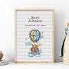 Framed Teddy Bear Balloon cross stitch birth announcement with pastel colors and personalized baby details