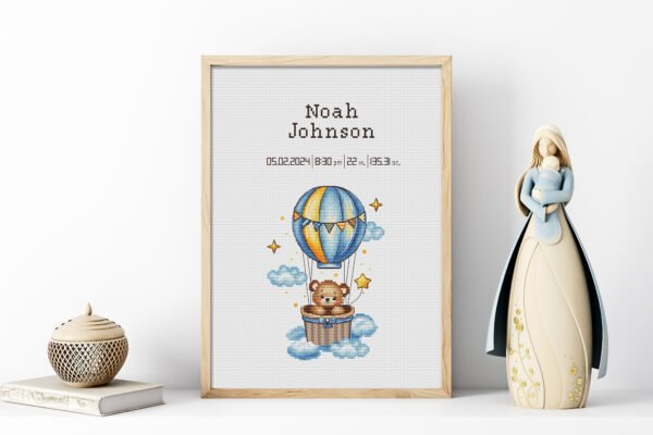 Framed Teddy Bear Balloon cross stitch birth announcement with pastel colors and personalized baby details