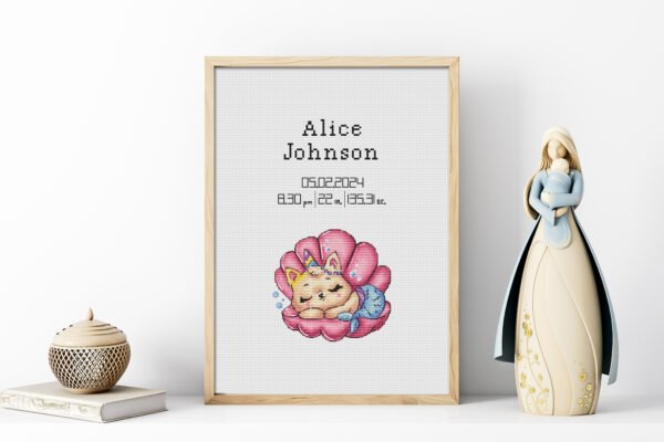 Mermaid Cat Birth Announcement Cross Stitch Pattern  Personalized Baby Stats Newborn Embroidery PDF