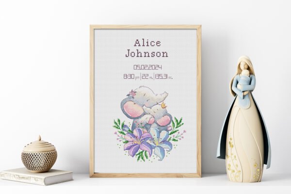 164 Framed personalized elephant birth announcement cross stitch featuring a cute elephant design and customizable newborn details for nursery décor