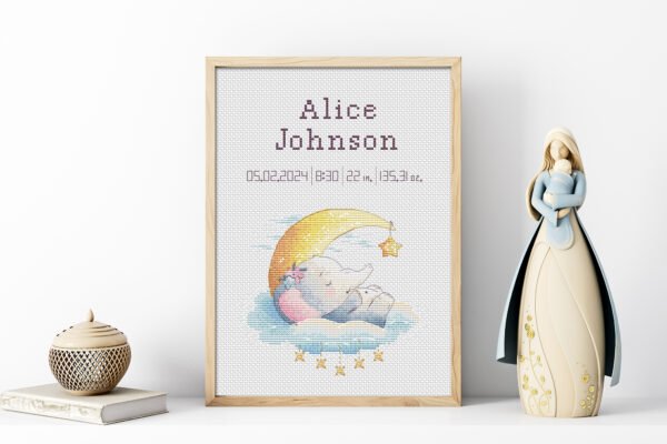 164 Baby Elephant Birth Announcement Cross Stitch Pattern PDF Custom Name Date Stats for Newborn Nursery Embroidery