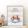 165 Framed Sleeping Teddy Bear cross stitch birth announcement with pastel colors and personalized baby details