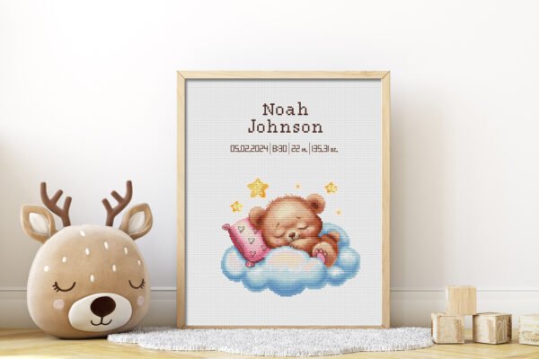 165 Framed Sleeping Teddy Bear cross stitch birth announcement with pastel colors and personalized baby details