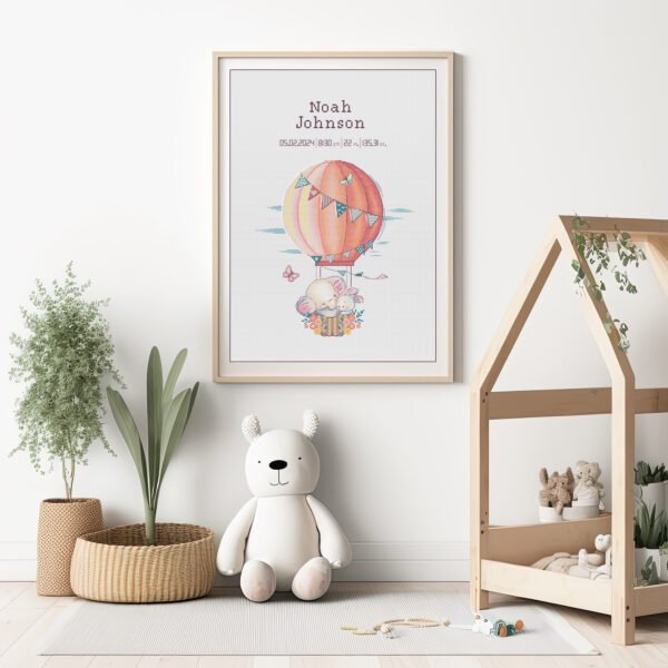 167 Framed elephant and bunny birth announcement cross stitch featuring personalized name, date and stats for nursery décor.