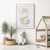 Framed bunny and elephant birth record cross stitch featuring personalized baby name, date and stats for nursery décor.